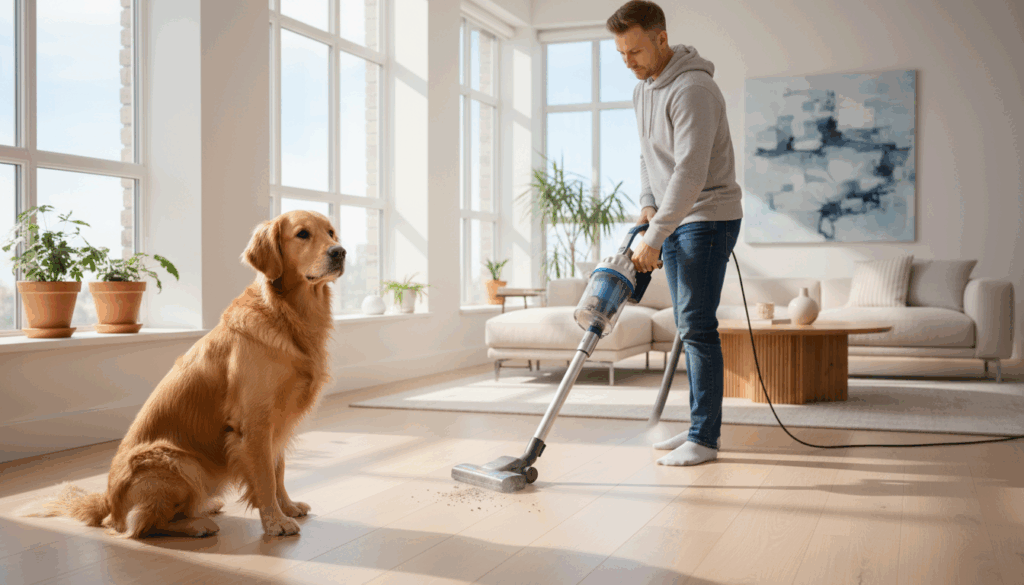 Homem usando aspirador de pó enquanto treina para acostumar seu cachorro a novas situações, com o cão calmo observando o ambiente durante processo de habituação.