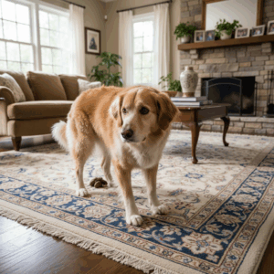 Cão adulto em sala de estar percebendo cocô fora do local no tapete, ilustrando erro de eliminação causado por contexto e ambiente inadequado.