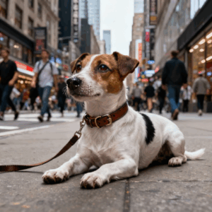 Cachorro calmo aprendendo a acostumar a novas situações, sentado em uma rua movimentada.