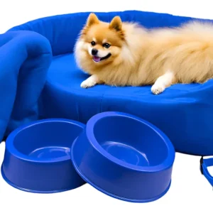 Cama Europa Pequena Supri Pets Kit Pet Azul Manta e Acessórios